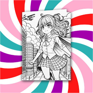 Colour Me Page   Anime Superhero Girl Birthday Card