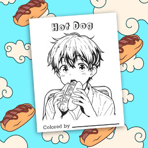 Colour Me Page for Kids Anime Boy eating a Hotdo