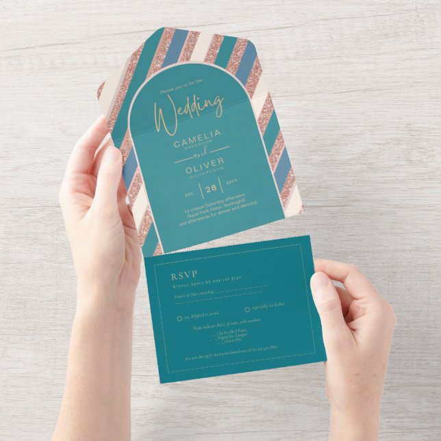 Colour Palette Teal Champagne Rose Gold Weddong All In One Invitation (Tearaway)