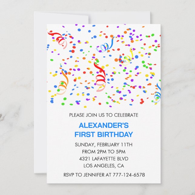 Colour party invitations blue boy confetti rainbow (Front)