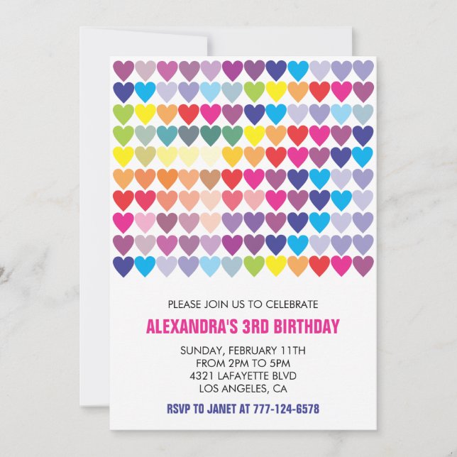 Colour party invitations Rainbow Heart Modern 3rd (Front)