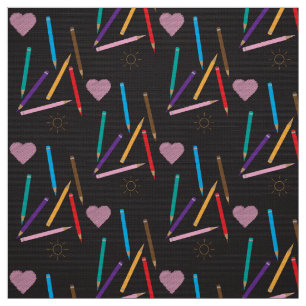 Colour Pencils Doodle Pattern Black Fabric