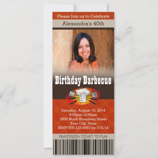 Colour Photo Barbecue BBQ Birthday Party Ticket Invitation (Front)