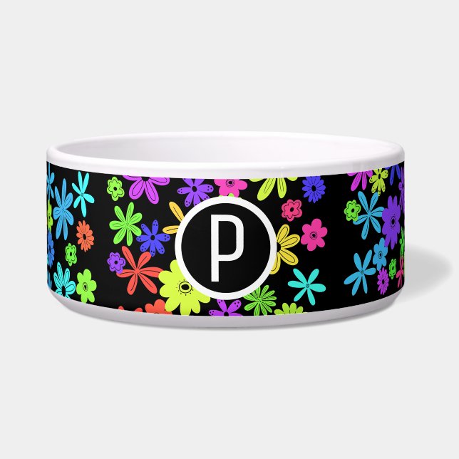 Colour Pop Cute Flowers Monogram Ceramic Pet Bowl (Front)