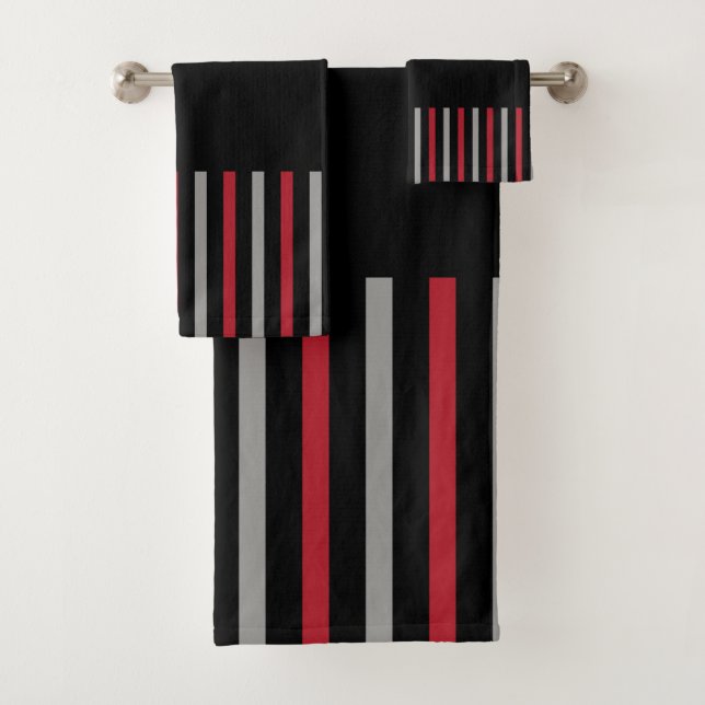 Colour Pop Stripes-Red, Grey, Black and Bone White Bath Towel Set (Insitu)