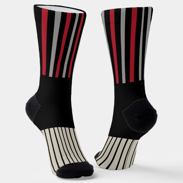 Colour Pop Stripes-Red, Grey, Black and Bone White Socks (Angled)