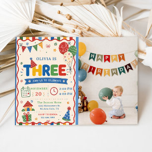 Colour Pop THREE Birthday Party Photo Invitation