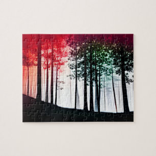 Colour Red Invades Black Silhouette Forest Jigsaw Puzzle