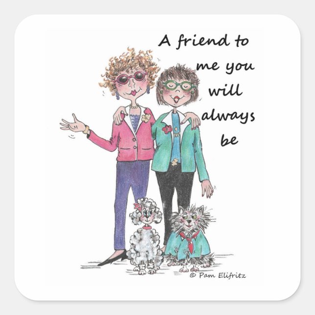 Colour Sketch Art Two Girl Friends pets Together Square Sticker (Front)