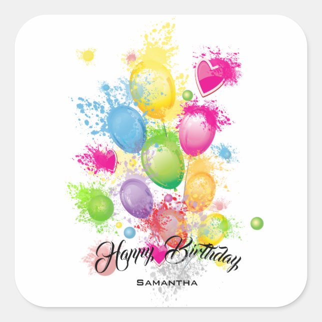 Colour Splash Birthday Balloons Square Sticker (Front)