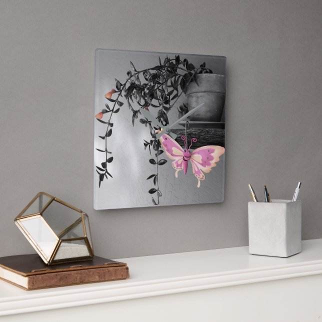Colour Splash Butterfly Still Life Photograph Square Wall Clock (Office)