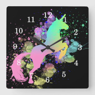 Colour Splash Fantasy Rainbow Unicorn Square Wall Clock