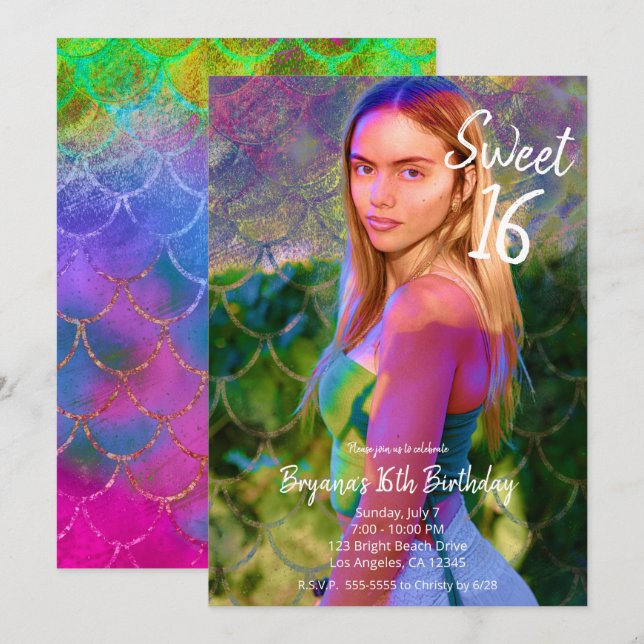 Colour Splash Mermaid Photo Sweet 16 Party    Invitation (Front/Back)