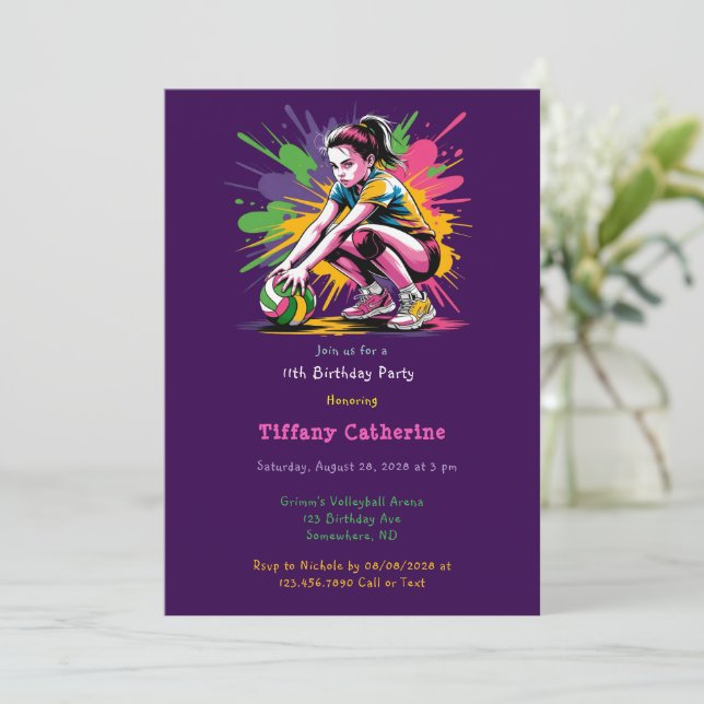 Colour Splash Volleyball Girl Birthday Party Invitation (Standing Front)