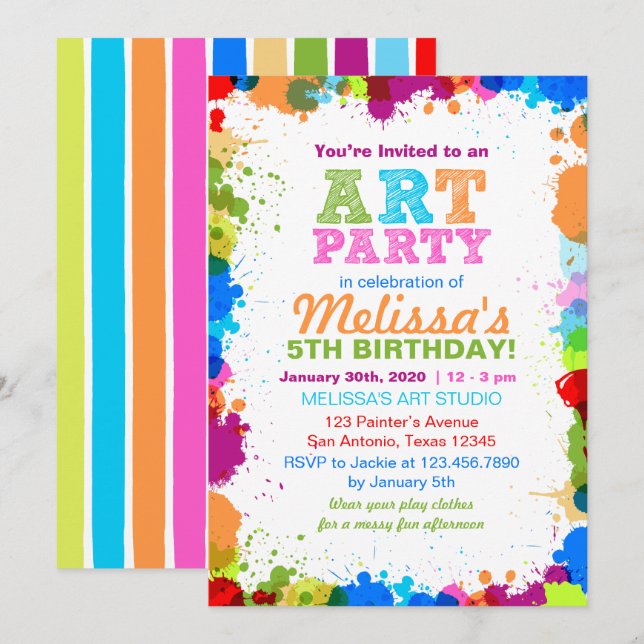 Colour Splatter Art Birthday Party Invitation (Front/Back)