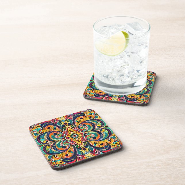 Colour Symphony Mandala – Bold Psychedelic Floral Coaster (Right Side)
