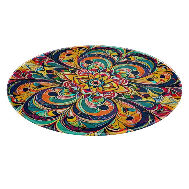 Colour Symphony Mandala – Bold Psychedelic Floral Cutting Board (Corner)
