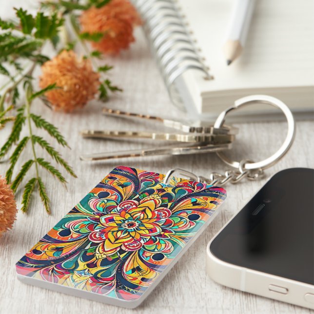 Colour Symphony Mandala – Bold Psychedelic Floral Keychain (Front Right)