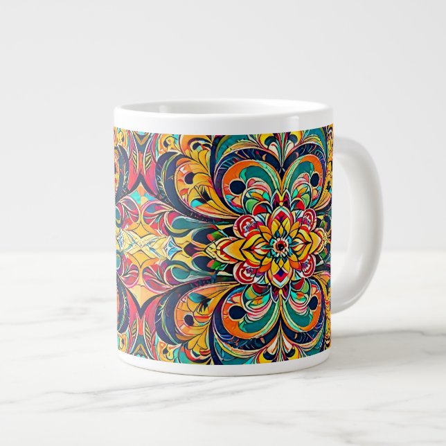 Colour Symphony Mandala – Bold Psychedelic Floral Large Coffee Mug (Front Right)