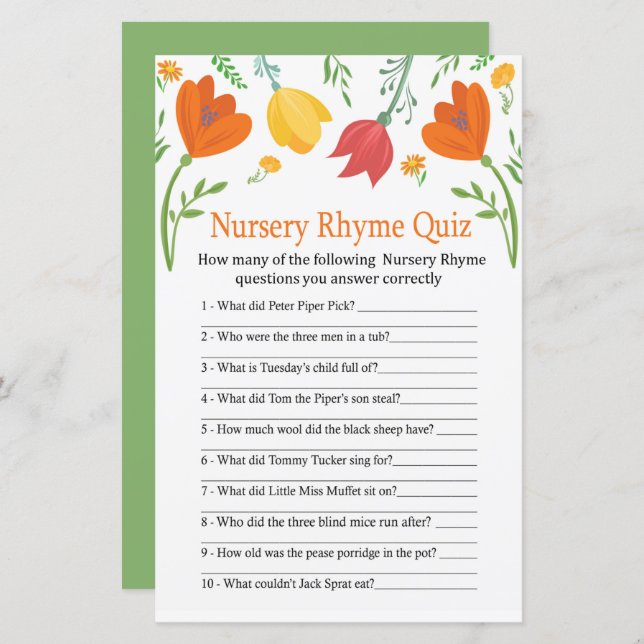 Colour tulips Nursery Rhyme Quiz baby shower game (Front/Back)