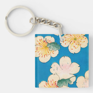 Colour Woodblock Print of Dogwood Blossoms Keychain