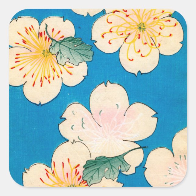 Colour Woodblock Print of Dogwood Blossoms Square Sticker (Front)