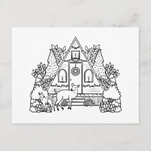 Colour Your Own Christmas Cottage and Deer Blank Holiday Postcard