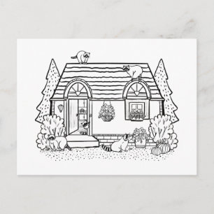Colour Your Own Cozy House and Raccoons Blank Postcard