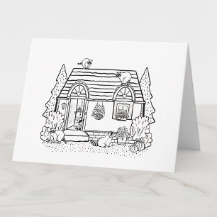 Colour Your Own Cozy House and Raccoons Blank Thank You Card