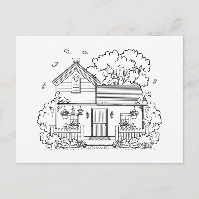 Colour Your Own Cozy House and Squirrels Blank Holiday Postcard (Front)