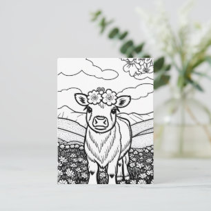 Colour Your Own! Highland Cow Calf in Flowers Postcard