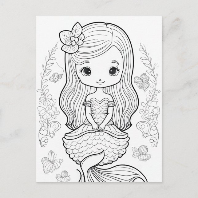 Colour Your Own Mermaid Black Line Drawing Postcard (Front)