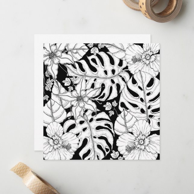 Colour Your Own Tropical Leaves & Flowers Card (Front/Back In Situ)