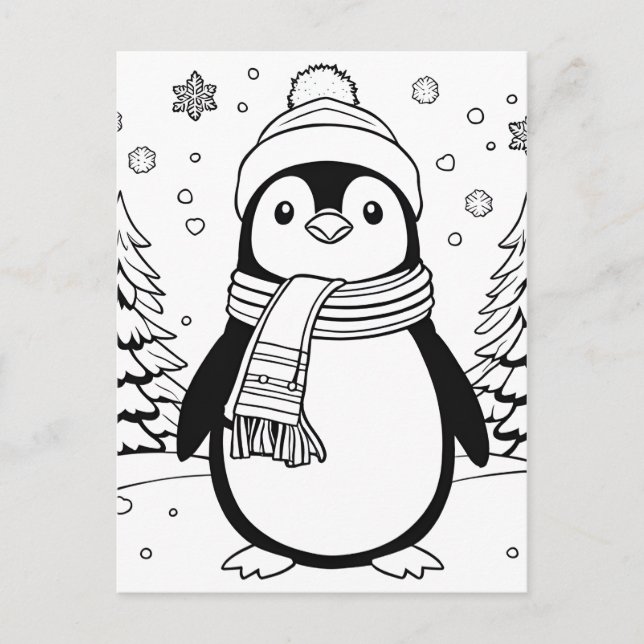 Colour Your Own! Winter Penguin Postcard (Front)