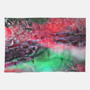 Coloured and textured landscape in red and green t kitchen towel