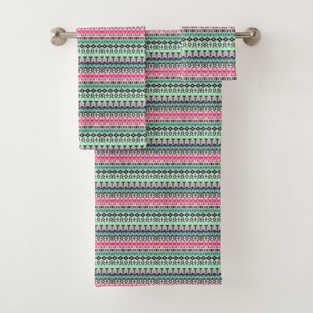 Coloured aztec patterns design bath towel set (Insitu)