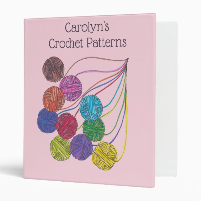 Coloured balls of yarn, your name, crochet pattern binder (Front/Inside)