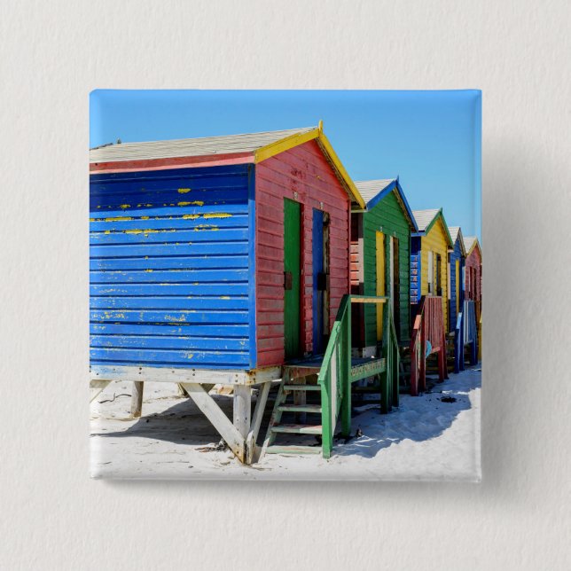 Coloured Beach Huts 2 Inch Square Button (Front)