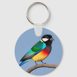Coloured Bird Perched on a Wooden Post Keychain