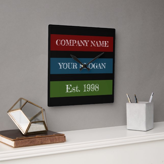 Coloured Block Style Company Name Square Wall Clock (Office)