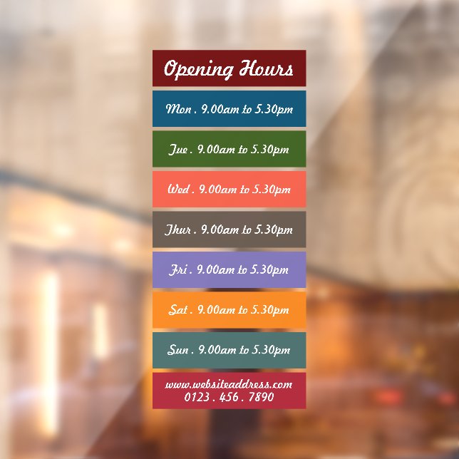 Coloured Block Style Opening Hours Window Cling (Sheet 2)