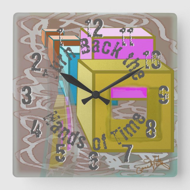 Coloured Boxes - Playful Backwards Wall Clock (Front)