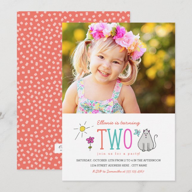 Coloured Doodles 2nd Birthday Party Invite | Kitty (Front/Back)