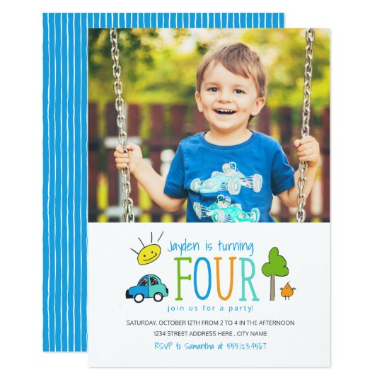 Coloured Doodles 4th Birthday Party Invite / Car