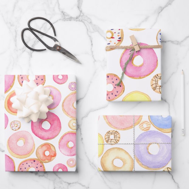 Coloured Doughnuts Pink Purple Yellow Wrapping Paper Sheet (Front)
