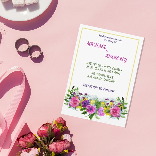 Coloured flowers golden frame Wedding Invitation (Creator Uploaded)