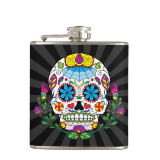 Coloured Flowers Mexican Tattoo Sugar Skull Hip Flask