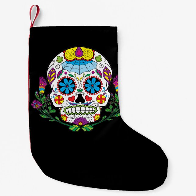 Coloured Flowers Mexican Tattoo Sugar Skull Small Christmas Stocking (Front)