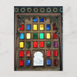 Coloured glass in a wood window frame postcard