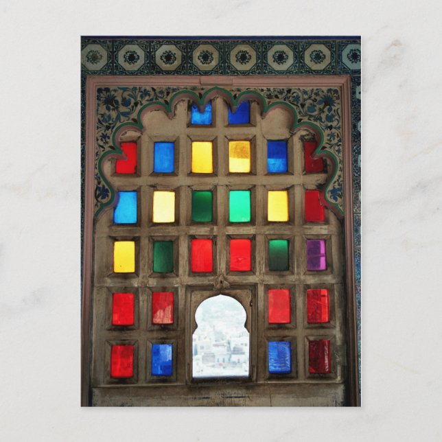 Coloured glass in a wood window frame postcard (Front)